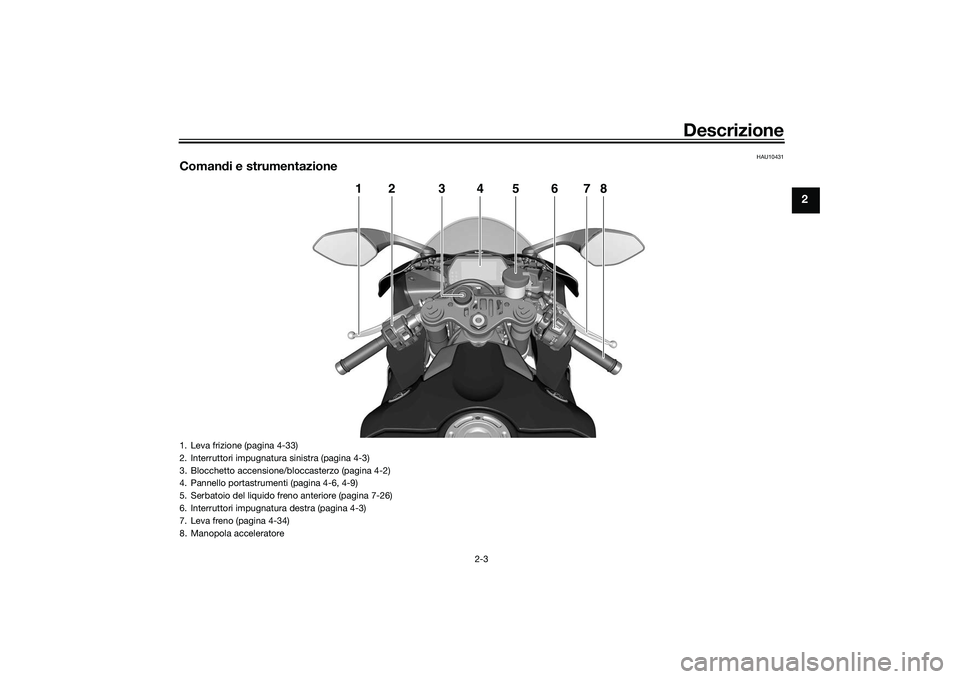 YAMAHA YZF-R1M 2020 Manuale duso (in Italian) Descrizione
2-3
2
HAU10431
Comandi e strumentazione
1
2
4
5
6
7
8
3
1. Leva frizione (pagina 4-33)
2. Interruttori impugnatura sinistra (pagina 4-3)
3. Blocchetto accensione/bloccasterzo (pagina 4-2)
YAMAHA YZF-R1M 2020 Manuale duso (in Italian) Descrizione
2-3
2
HAU10431
Comandi e strumentazione
1
2
4
5
6
7
8
3
1. Leva frizione (pagina 4-33)
2. Interruttori impugnatura sinistra (pagina 4-3)
3. Blocchetto accensione/bloccasterzo (pagina 4-2)