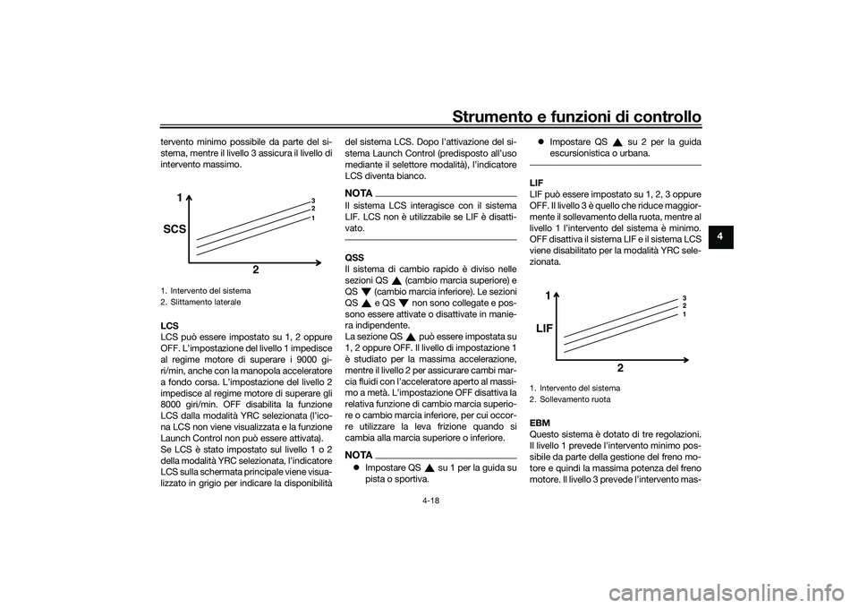 YAMAHA YZF-R1M 2020 Manuale duso (in Italian) Strumento e funzioni di controllo
4-18
4
tervento minimo possibile da parte del si-
stema, mentre il livello 3 assicura il livello di
intervento massimo.
LCS
LCS può essere impostato su 1, 2 oppure
O YAMAHA YZF-R1M 2020 Manuale duso (in Italian) Strumento e funzioni di controllo
4-18
4
tervento minimo possibile da parte del si-
stema, mentre il livello 3 assicura il livello di
intervento massimo.
LCS
LCS può essere impostato su 1, 2 oppure
O