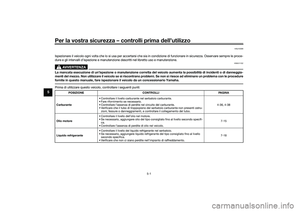 YAMAHA YZF-R1M 2020  Manuale duso (in Italian) Per la vostra sicurezza – controlli prima dell’utilizzo
5-1
5
HAU15599
Ispezionare il veicolo ogni volta che lo si usa per accertarsi che sia in condizione di funzionare in sicurezza. Osservare se