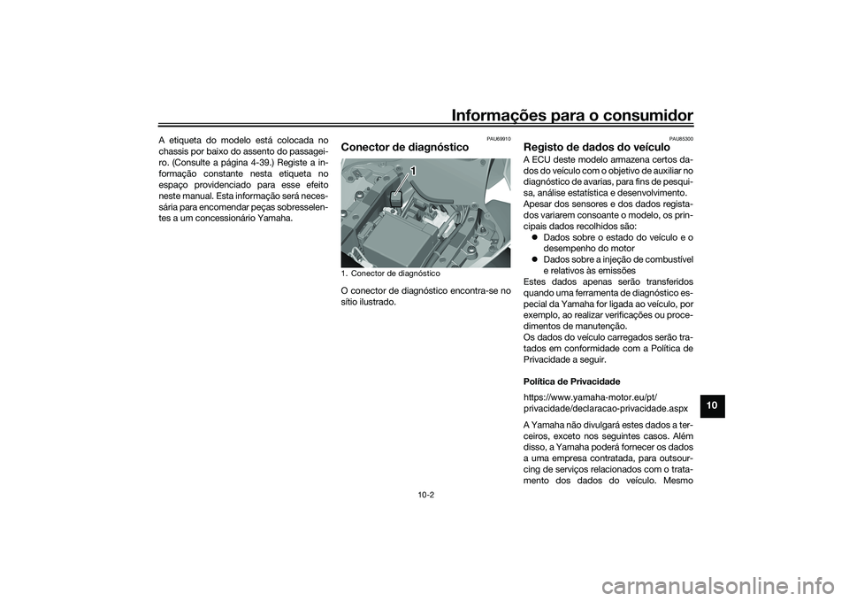 YAMAHA YZF-R1M 2020  Manual de utilização (in Portuguese) Informações para o consumidor
10-2
10
A etiqueta do modelo está colocada no
chassis por baixo do assento do passagei-
ro. (Consulte a página 4-39.) Registe a in-
formação constante nesta etiquet