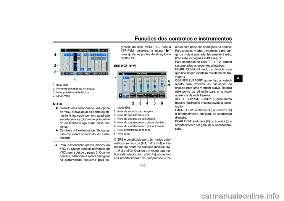 YAMAHA YZF-R1M 2020  Manual de utilização (in Portuguese) Funções dos controlos e instrumentos
4-20
4
NOTA Quando está selecionada uma opção
do YRC, o nível atual do ponto de afi-
nação é indicado por um quadrado
emoldurado a azul e o nível pré