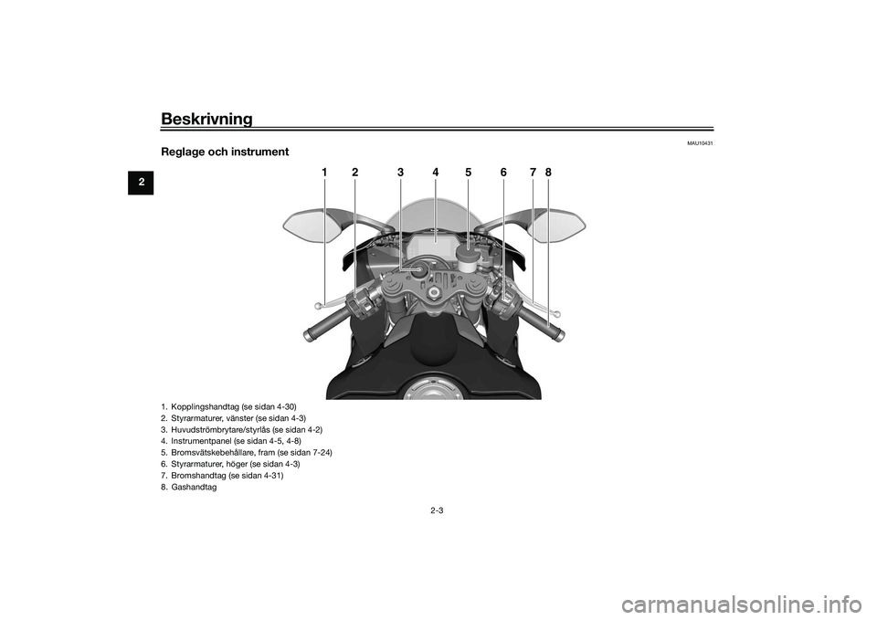 YAMAHA YZF-R1 2020  Bruksanvisningar (in Swedish) Beskrivning
2-3
2
MAU10431
Reglage och instrument
1
2
4
5
6
7
8
3
1. Kopplingshandtag (se sidan 4-30)
2. Styrarmaturer, vänster (se sidan 4-3)
3. Huvudströmbrytare/styrlås (se sidan 4-2)
4. Instrum
