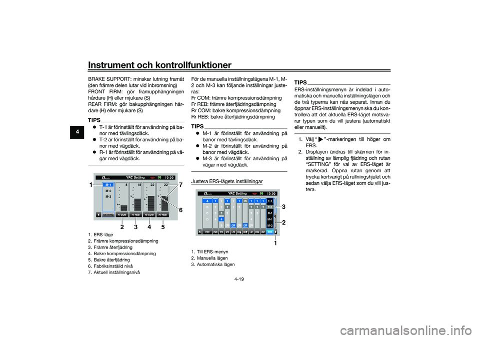 YAMAHA YZF-R1 2020 Bruksanvisningar (in Swedish) Instrument och kontrollfunktioner
4-19
4
BRAKE SUPPORT: minskar lutning framåt
(den främre delen lutar vid inbromsning)
FRONT FIRM: gör framupphängningen
hårdare (H) eller mjukare (S)
REAR FIRM: YAMAHA YZF-R1 2020 Bruksanvisningar (in Swedish) Instrument och kontrollfunktioner
4-19
4
BRAKE SUPPORT: minskar lutning framåt
(den främre delen lutar vid inbromsning)
FRONT FIRM: gör framupphängningen
hårdare (H) eller mjukare (S)
REAR FIRM: