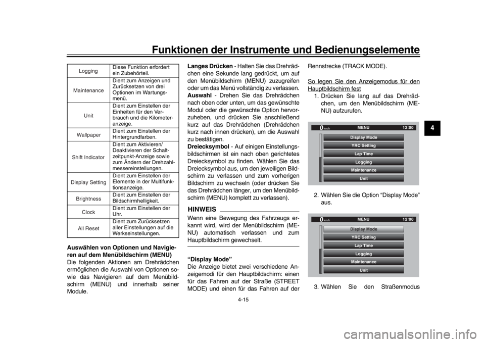 YAMAHA YZF-R1 2019  Betriebsanleitungen (in German) Funktionen der Instrumente und Bedienungselemente
4-15
1
2
345
6
7
8
9
10
11
12
Auswählen von Opti onen und Navigie-
ren auf dem Menübildschirm (MENU)
Die folgenden Aktionen am Drehrädchen
ermögli