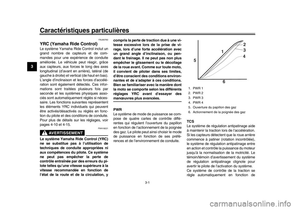 YAMAHA YZF-R1 2019  Manuale de Empleo (in Spanish) 3-1
1
23
4
5
6
7
8
9
10
11
12
Caractéristiques particulières
FAU85760
YRC (Yamaha Ride Control)Le système Yamaha Ride Control inclut un
grand nombre de capteurs et de com-
mandes pour une expérien
