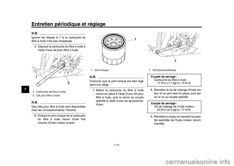 YAMAHA YZF-R1 2019 Manuale de Empleo (in Spanish) Entretien périodique et réglage
7-14
1
2
3
4
5
67
8
9
10
11
12
N.B.Ignorer les étapes 5–7 si la cartouche dufiltre à huile n’est pas remplacée. 5. Déposer la cartouche du filtre à huile à YAMAHA YZF-R1 2019 Manuale de Empleo (in Spanish) Entretien périodique et réglage
7-14
1
2
3
4
5
67
8
9
10
11
12
N.B.Ignorer les étapes 5–7 si la cartouche dufiltre à huile n’est pas remplacée. 5. Déposer la cartouche du filtre à huile à