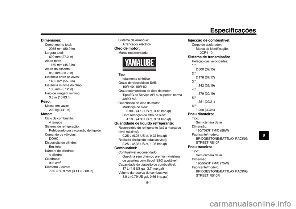 YAMAHA YZF-R1 2019 Manual de utilização (in Portuguese) 9-1
1
2
3
4
5
6
7
8910
11
12
Especificações
PAU84922
Dimensões:Comprimento total:2055 mm (80.9 in)
Largura total: 690 mm (27.2 in)
Altura total: 1150 mm (45.3 in)
Altura do assento:
855 mm (33.7 in YAMAHA YZF-R1 2019 Manual de utilização (in Portuguese) 9-1
1
2
3
4
5
6
7
8910
11
12
Especificações
PAU84922
Dimensões:Comprimento total:2055 mm (80.9 in)
Largura total: 690 mm (27.2 in)
Altura total: 1150 mm (45.3 in)
Altura do assento:
855 mm (33.7 in