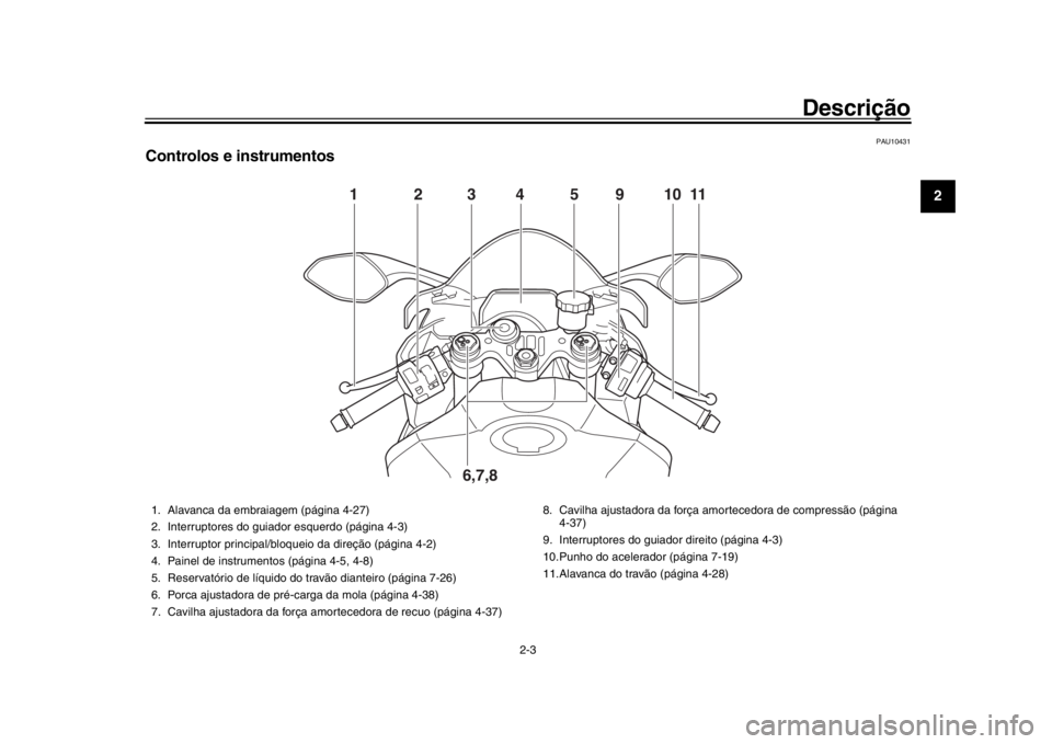 YAMAHA YZF-R1 2019  Manual de utilização (in Portuguese) Descrição
2-3
123
4
5
6
7
8
9
10
11
12
PAU10431
Controlos e instrumentos
1234 9 51011
6,7,8
1. Alavanca da embraiagem (página 4-27)
2. Interruptores do guiador esquerdo (página 4-3)
3. Interruptor