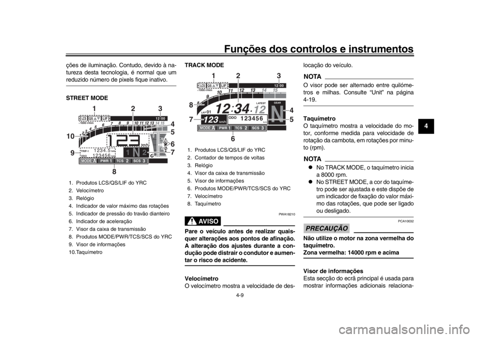 YAMAHA YZF-R1 2019 Manual de utilização (in Portuguese) Funções dos controlos e instrumentos
4-9
1
2
345
6
7
8
9
10
11
12
ções de iluminação. Contudo, devido à na-
tureza desta tecnologia, é normal que umreduzido número de pixels fique inativo.
ST YAMAHA YZF-R1 2019 Manual de utilização (in Portuguese) Funções dos controlos e instrumentos
4-9
1
2
345
6
7
8
9
10
11
12
ções de iluminação. Contudo, devido à na-
tureza desta tecnologia, é normal que umreduzido número de pixels fique inativo.
ST