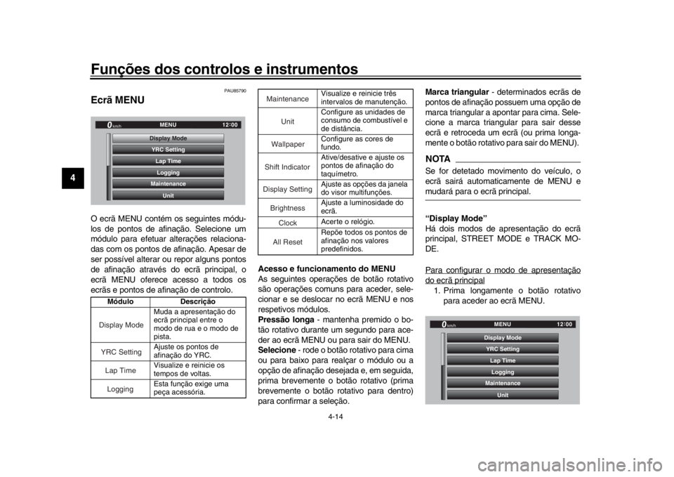 YAMAHA YZF-R1 2019  Manual de utilização (in Portuguese) Funções dos controlos e instrumentos
4-14
1
2
34
5
6
7
8
9
10
11
12
PAU85790
Ecrã MENU O ecrã MENU contém os seguintes módu-
los de pontos de afinação. Selecione um
módulo para efetuar altera