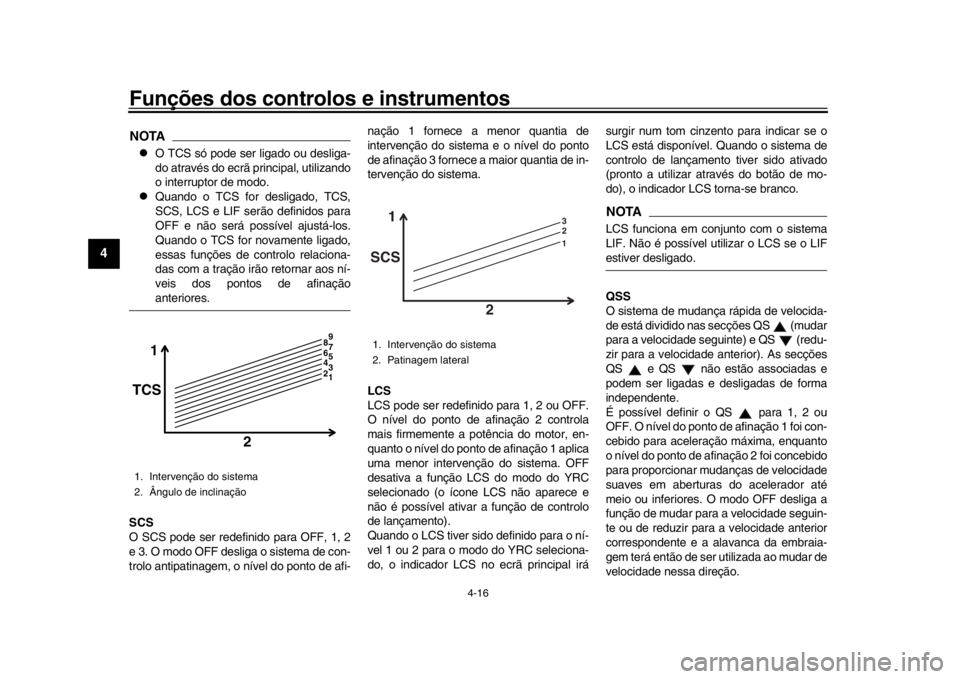 YAMAHA YZF-R1 2019  Manual de utilização (in Portuguese) Funções dos controlos e instrumentos
4-16
1
2
34
5
6
7
8
9
10
11
12
NOTA
O TCS só pode ser ligado ou desliga-
do através do ecrã principal, utilizando
o interruptor de modo.

Quando o TCS f