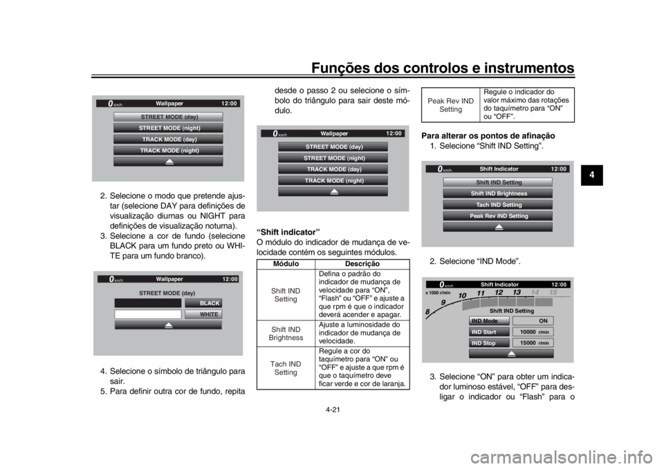 YAMAHA YZF-R1 2019  Manual de utilização (in Portuguese) Funções dos controlos e instrumentos
4-21
1
2
345
6
7
8
9
10
11
12
2. Selecione o modo que pretende ajus- tar (selecione DAY para definições de
visualização diurnas ou NIGHT para
definições de