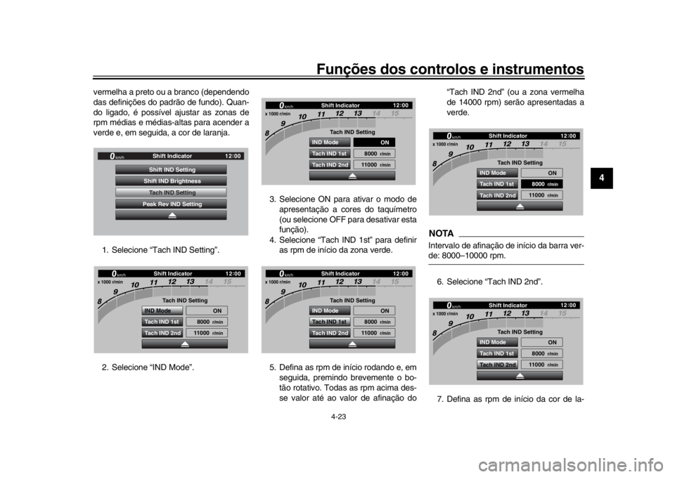 YAMAHA YZF-R1 2019  Manual de utilização (in Portuguese) Funções dos controlos e instrumentos
4-23
1
2
345
6
7
8
9
10
11
12
vermelha a preto ou a branco (dependendo
das definições do padrão de fundo). Quan-
do ligado, é possível ajustar as zonas de
r