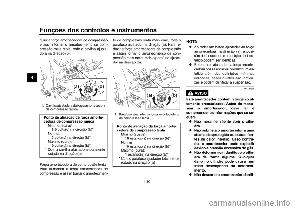 YAMAHA YZF-R1 2019 Manual de utilização (in Portuguese) Funções dos controlos e instrumentos
4-40
1
2
34
5
6
7
8
9
10
11
12
duzir a força amorte cedora de compressão
e assim tornar o amortecimento de com-
pressão mais mole, rode a cavilha ajusta-
dora YAMAHA YZF-R1 2019 Manual de utilização (in Portuguese) Funções dos controlos e instrumentos
4-40
1
2
34
5
6
7
8
9
10
11
12
duzir a força amorte cedora de compressão
e assim tornar o amortecimento de com-
pressão mais mole, rode a cavilha ajusta-
dora