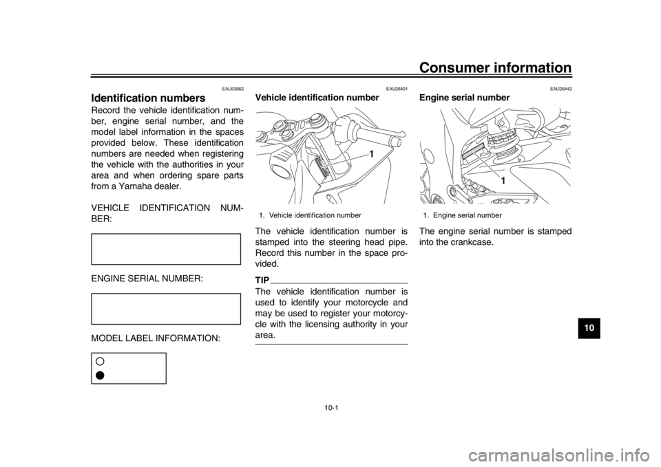 YAMAHA YZF-R1 2018 Workshop Manual 10-1
1
2
3
4
5
6
7
8
91011
12
Consumer information
EAU53562
Identification numbersRecord the vehicle identification num-
ber, engine serial number, and the
model label information in the spaces
provid