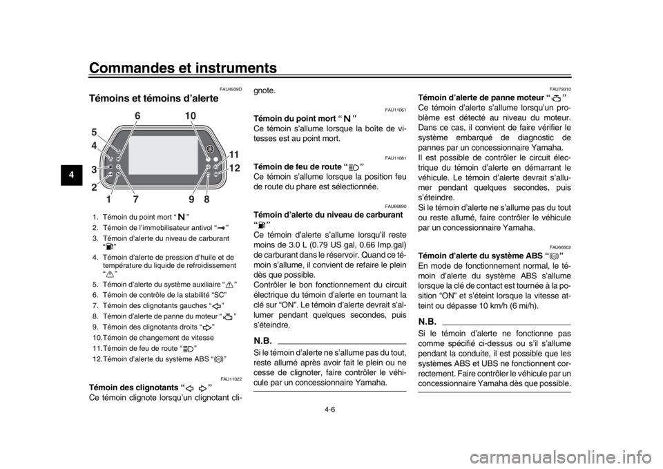 YAMAHA YZF-R1M 2018  Notices Demploi (in French) Commandes et instruments
4-6
1
2
34
5
6
7
8
9
10
11
12
FAU4939D
Témoins et témoins d’alerte
FAU11022
Témoin des clignotants “ ”
Ce témoin clignote lorsqu’un clignotant cli- gnote.
FAU11061