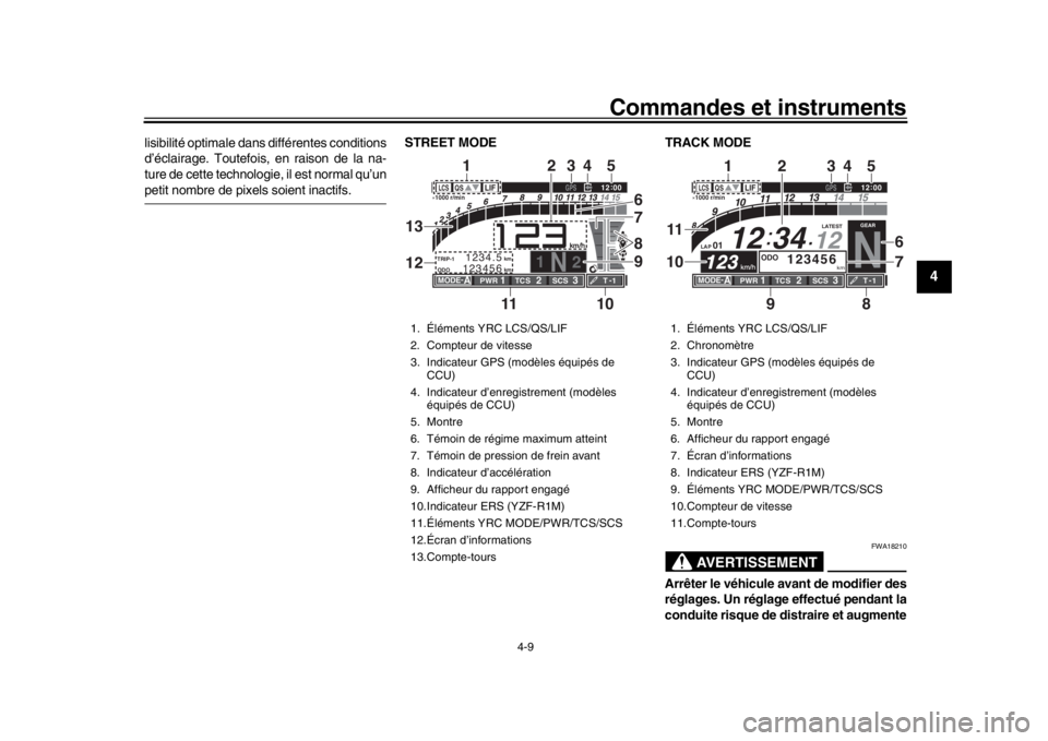 YAMAHA YZF-R1M 2018  Notices Demploi (in French) Commandes et instruments
4-9
1
2
345
6
7
8
9
10
11
12
lisibilité optimale dans  différentes conditions
d’éclairage. Toutefois, en raison de la na-
ture de cette technologie, il est normal qu’un