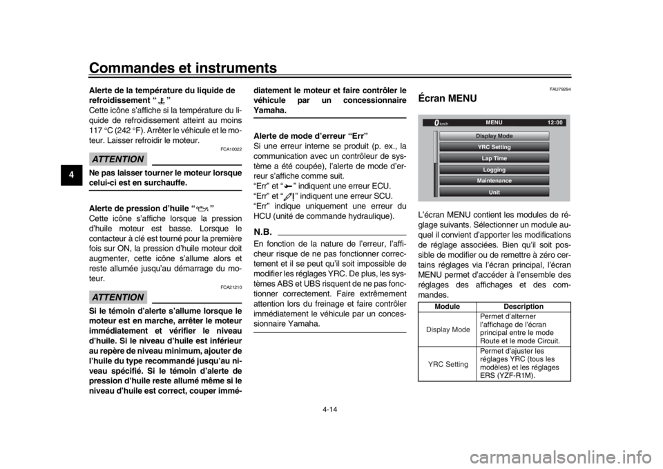 YAMAHA YZF-R1M 2018  Notices Demploi (in French) Commandes et instruments
4-14
1
2
34
5
6
7
8
9
10
11
12
Alerte de la température du liquide de 
refroidissement “ ”
Cette icône s’affiche si la température du li-
quide de refroidissement att