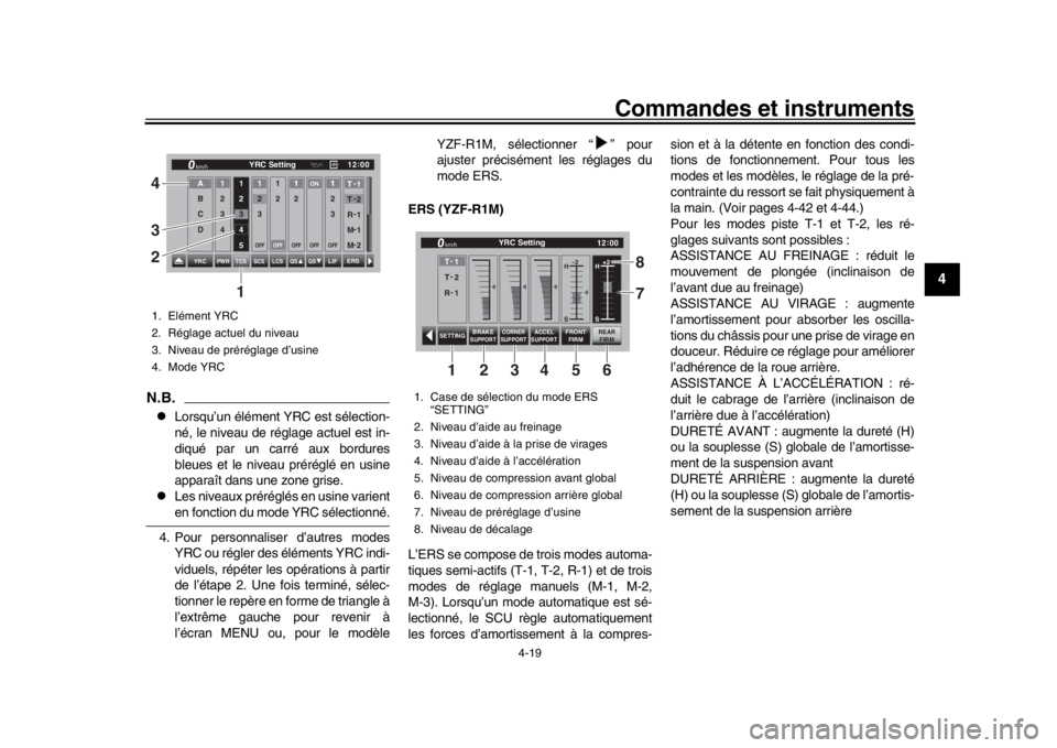 YAMAHA YZF-R1M 2018  Notices Demploi (in French) Commandes et instruments
4-19
1
2
345
6
7
8
9
10
11
12
N.B.
Lorsqu’un élément YRC est sélection-
né, le niveau de réglage actuel est in-
diqué par un carré aux bordures
bleues et le niveau