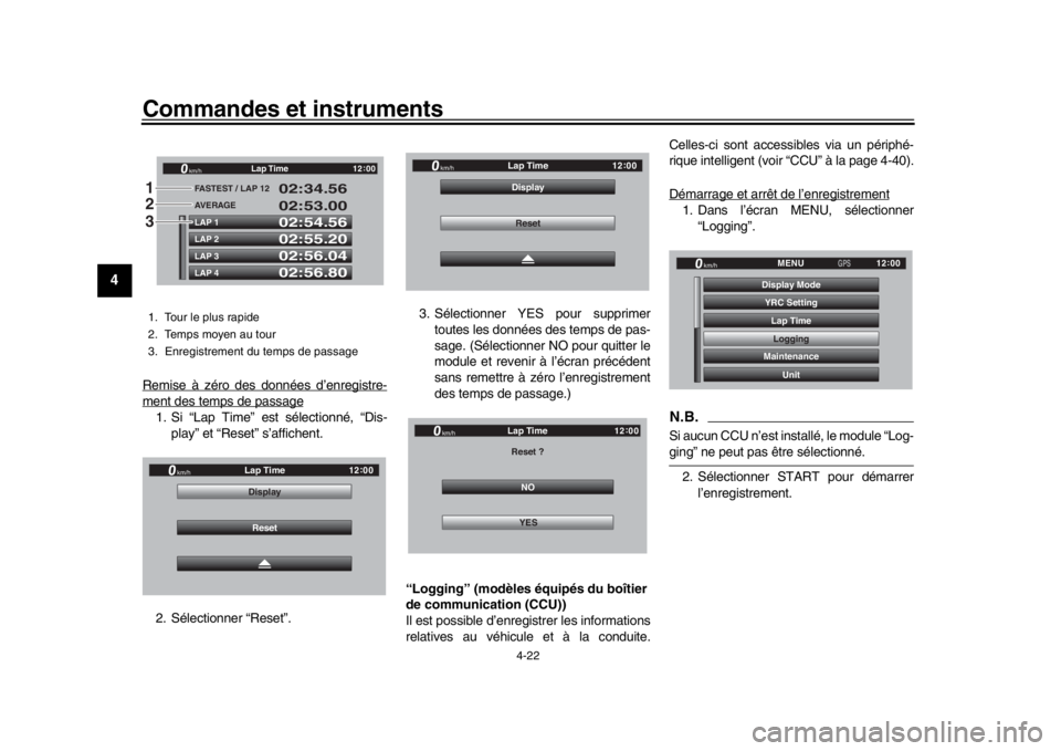 YAMAHA YZF-R1M 2018  Notices Demploi (in French) Commandes et instruments
4-22
1
2
34
5
6
7
8
9
10
11
12
Remise à zéro des données d’enregistre-ment des temps de passage1. Si “Lap Time” est sélectionné, “Dis- play” et “Reset” s’