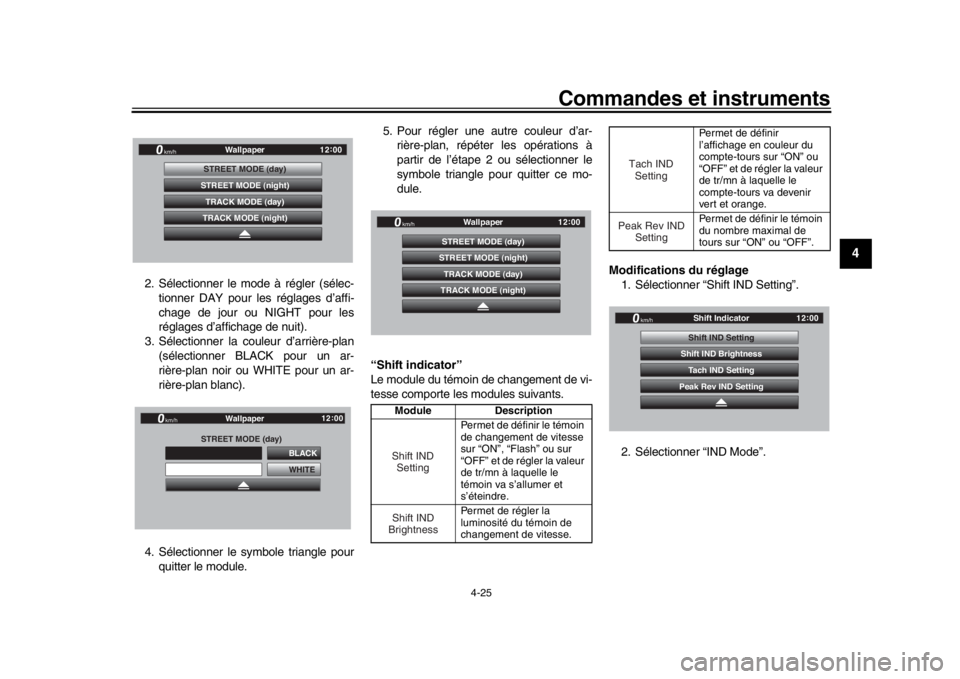 YAMAHA YZF-R1M 2018  Notices Demploi (in French) Commandes et instruments
4-25
1
2
345
6
7
8
9
10
11
12
2. Sélectionner le mode à régler (sélec- tionner DAY pour les réglages d’affi-
chage de jour ou NIGHT pour les
réglages d’affichage de 