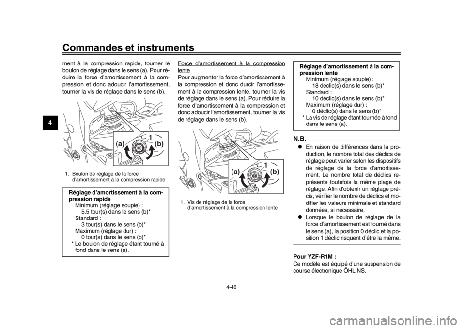 YAMAHA YZF-R1M 2018 Notices Demploi (in French) Commandes et instruments
4-46
1
2
34
5
6
7
8
9
10
11
12
ment à la compression rapide, tourner le
boulon de réglage dans le sens (a). Pour ré-
duire la force d’amortissement à la com-
pression et YAMAHA YZF-R1M 2018 Notices Demploi (in French) Commandes et instruments
4-46
1
2
34
5
6
7
8
9
10
11
12
ment à la compression rapide, tourner le
boulon de réglage dans le sens (a). Pour ré-
duire la force d’amortissement à la com-
pression et