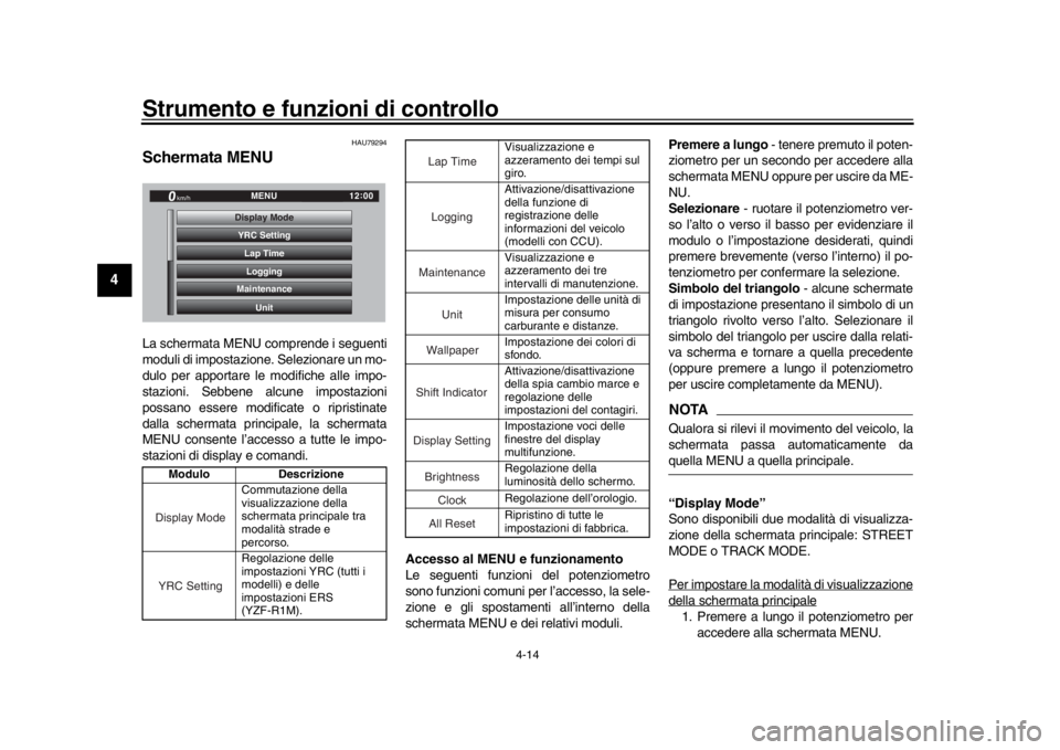 YAMAHA YZF-R1M 2018  Manuale duso (in Italian) Strumento e funzioni di controllo
4-14
1
2
34
5
6
7
8
9
10
11
12
HAU79294
Schermata MENU La schermata MENU comprende i seguenti
moduli di impostazione. Selezionare un mo-
dulo per apportare le modific