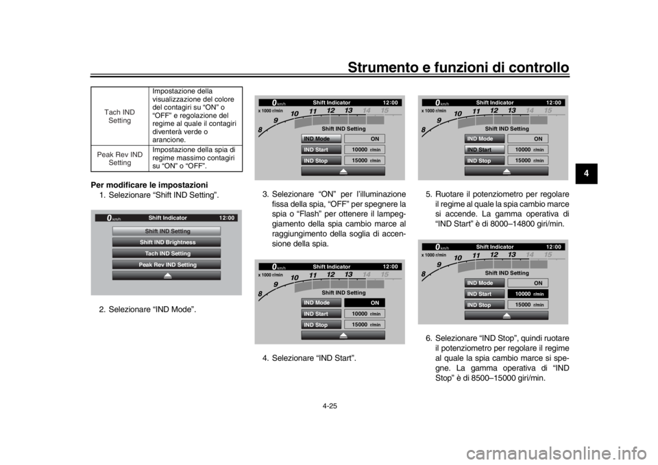 YAMAHA YZF-R1 2018 Manuale duso (in Italian) Strumento e funzioni di controllo
4-25
1
2
345
6
7
8
9
10
11
12
Per modificare le impostazioni 1. Selezionare “Shift IND Setting”.
2. Selezionare “IND Mode”. 3. Selezionare “ON” per l’il YAMAHA YZF-R1 2018 Manuale duso (in Italian) Strumento e funzioni di controllo
4-25
1
2
345
6
7
8
9
10
11
12
Per modificare le impostazioni 1. Selezionare “Shift IND Setting”.
2. Selezionare “IND Mode”. 3. Selezionare “ON” per l’il