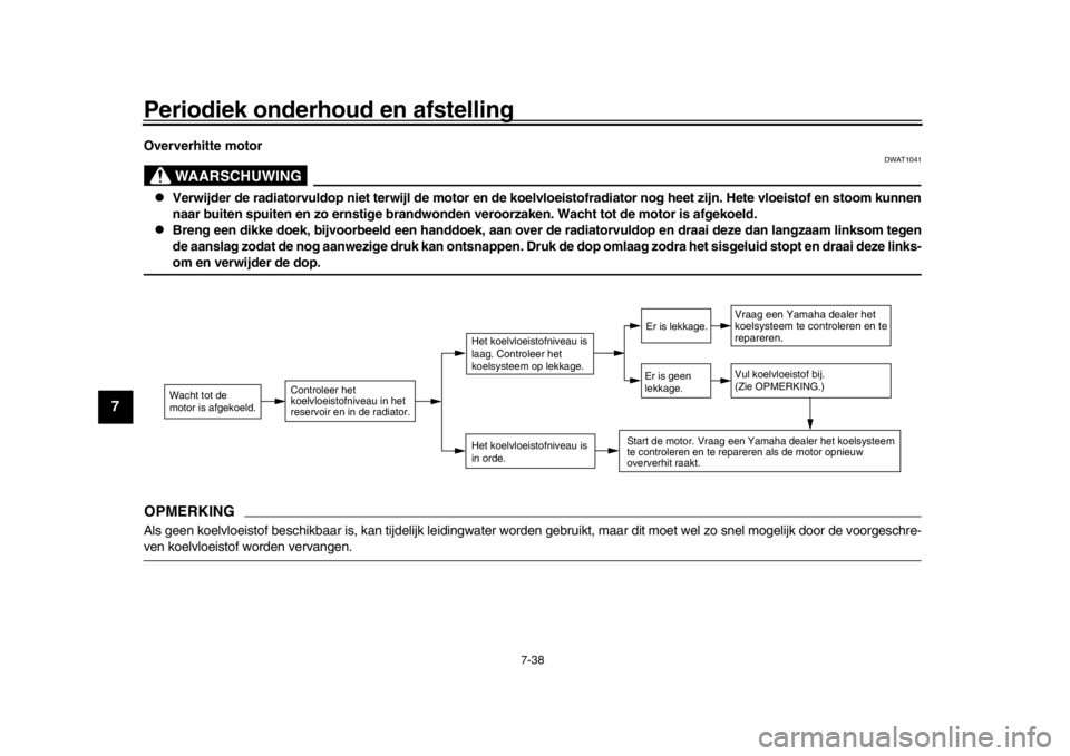 YAMAHA YZF-R1 2018  Instructieboekje (in Dutch) Periodiek onderhoud en afstelling
7-38
1
2
3
4
5
67
8
9
10
11
12
Oververhitte motor
WAARSCHUWING
DWAT1041

Verwijder de radiatorvuldop niet terwijl de  motor en de koelvloeistofradiator nog heet zi
