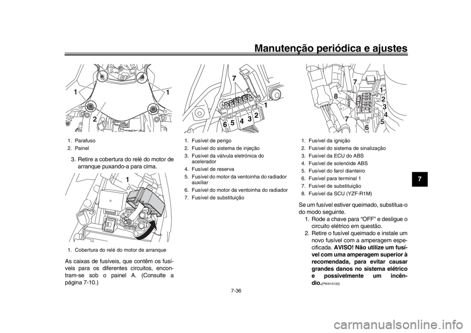 YAMAHA YZF-R1M 2018 Manual de utilização (in Portuguese) Manutenção periódica e ajustes
7-36
1
2
3
4
5
678
9
10
11
12
3. Retire a cobertura do relé do motor de arranque puxando-a para cima.
As caixas de fusíveis, que contêm os fusí-
veis para os dife YAMAHA YZF-R1M 2018 Manual de utilização (in Portuguese) Manutenção periódica e ajustes
7-36
1
2
3
4
5
678
9
10
11
12
3. Retire a cobertura do relé do motor de arranque puxando-a para cima.
As caixas de fusíveis, que contêm os fusí-
veis para os dife