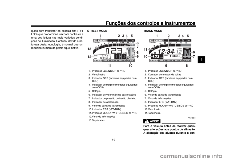 YAMAHA YZF-R1M 2018 Manual de utilização (in Portuguese) Funções dos controlos e instrumentos
4-9
1
2
345
6
7
8
9
10
11
12
quido com transístor de película fina (TFT
LCD) que proporciona um bom contraste e
uma boa leitura nas mais variadas condi-
ções YAMAHA YZF-R1M 2018 Manual de utilização (in Portuguese) Funções dos controlos e instrumentos
4-9
1
2
345
6
7
8
9
10
11
12
quido com transístor de película fina (TFT
LCD) que proporciona um bom contraste e
uma boa leitura nas mais variadas condi-
ções