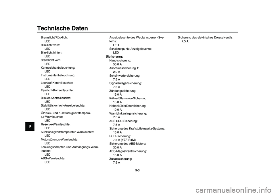 YAMAHA YZF-R1 2017  Betriebsanleitungen (in German) Technische Daten
9-3
1
2
3
4
5
6
7
89
10
11
12
Bremslicht/Rücklicht: LED
Blinklicht vorn:
LED
Blinklicht hinten: LED
Standlicht vorn: LED
Kennzeichenbeleuchtung:
LED
Instrumentenbeleuchtung: LED
Leer