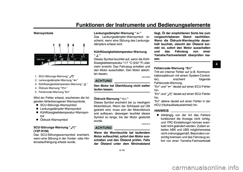 YAMAHA YZF-R1 2017  Betriebsanleitungen (in German) Funktionen der Instrumente und Bedienungselemente
4-14
1
2
345
6
7
8
9
10
11
12
Warnsymbole
Wird ein Fehler erfasst, erscheinen die fol-
genden fehlerbezogenen Warnsymbole.
SCU-Störungs-Warnsymbol