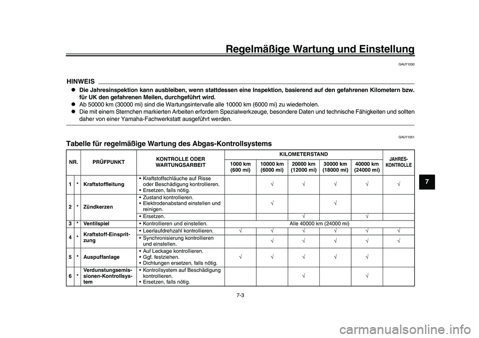 YAMAHA YZF-R1 2017  Betriebsanleitungen (in German) Regelmäßige Wartung und Einstellung
7-3
1
2
3
4
5
678
9
10
11
12
GAU71030
HINWEIS
Die Jahresinspektion kann ausbleiben, wenn stattdessen eine  Inspektion, basierend auf den gefahrenen Kilometern 