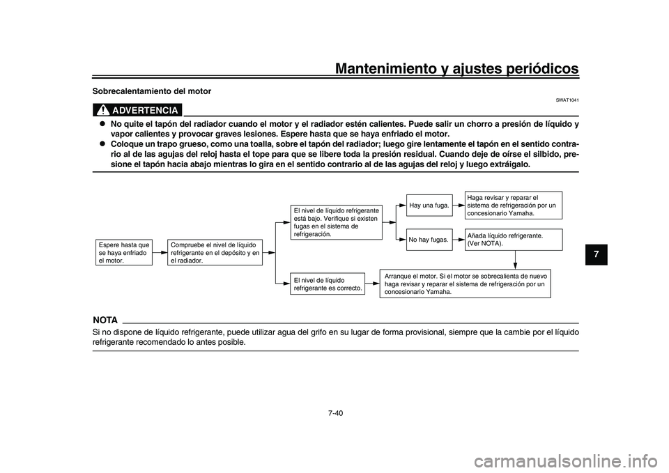 YAMAHA YZF-R1 2017 Manuale de Empleo (in Spanish) Mantenimiento y ajustes periódicos7-40
1
2
3
4
5
678
9
10
11
12
Sobrecalentamien to del motor
ADVERTENCIA
SWAT1041
No quite el tapón del radiador cuando el motor y el radiador estén calientes. YAMAHA YZF-R1 2017 Manuale de Empleo (in Spanish) Mantenimiento y ajustes periódicos7-40
1
2
3
4
5
678
9
10
11
12
Sobrecalentamien to del motor
ADVERTENCIA
SWAT1041
No quite el tapón del radiador cuando el motor y el radiador estén calientes.