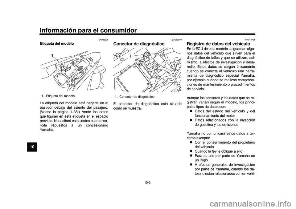 YAMAHA YZF-R1 2017  Manuale de Empleo (in Spanish) Información para el consumidor
10-2
1
2
3
4
5
6
7
8
910
11
12
SAU26521
Etiqueta del modelo
La etiqueta del modelo está pegada en el
bastidor debajo del asiento del pasajero.
(Vease la página 4-38.)