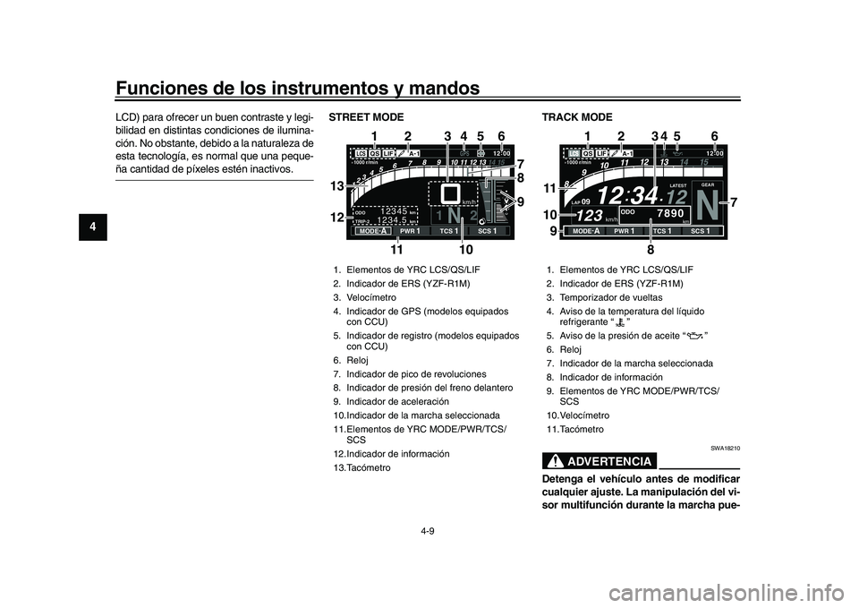 YAMAHA YZF-R1 2017  Manuale de Empleo (in Spanish) Funciones de los instrumentos y mandos
4-9
1
2
34
5
6
7
8
9
10
11
12
LCD) para ofrecer un buen contraste y legi-
bilidad en distintas condiciones de ilumina-
ción. No obstante, debido a la naturaleza