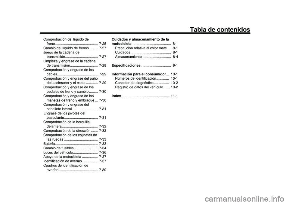 YAMAHA YZF-R1 2017  Manuale de Empleo (in Spanish) Tabla de contenidos
Comprobación del líquido de freno ...........................................  7-25
Cambio del líquido de frenos .........  7-27
Juego de la cadena de  transmisión.............