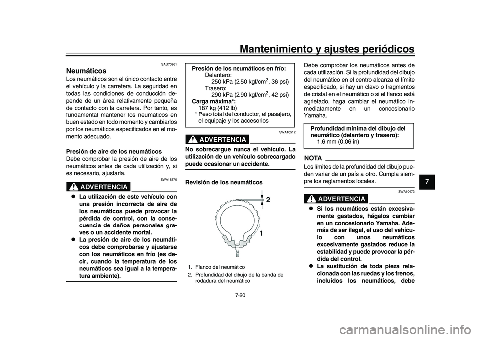YAMAHA YZF-R1 2017 Manuale de Empleo (in Spanish) Mantenimiento y ajustes periódicos7-20
1
2
3
4
5
678
9
10
11
12
SAU70961
NeumáticosLos neumáticos son el único contacto entre
el vehículo y la carretera. La seguridad en
todas las condiciones de YAMAHA YZF-R1 2017 Manuale de Empleo (in Spanish) Mantenimiento y ajustes periódicos7-20
1
2
3
4
5
678
9
10
11
12
SAU70961
NeumáticosLos neumáticos son el único contacto entre
el vehículo y la carretera. La seguridad en
todas las condiciones de