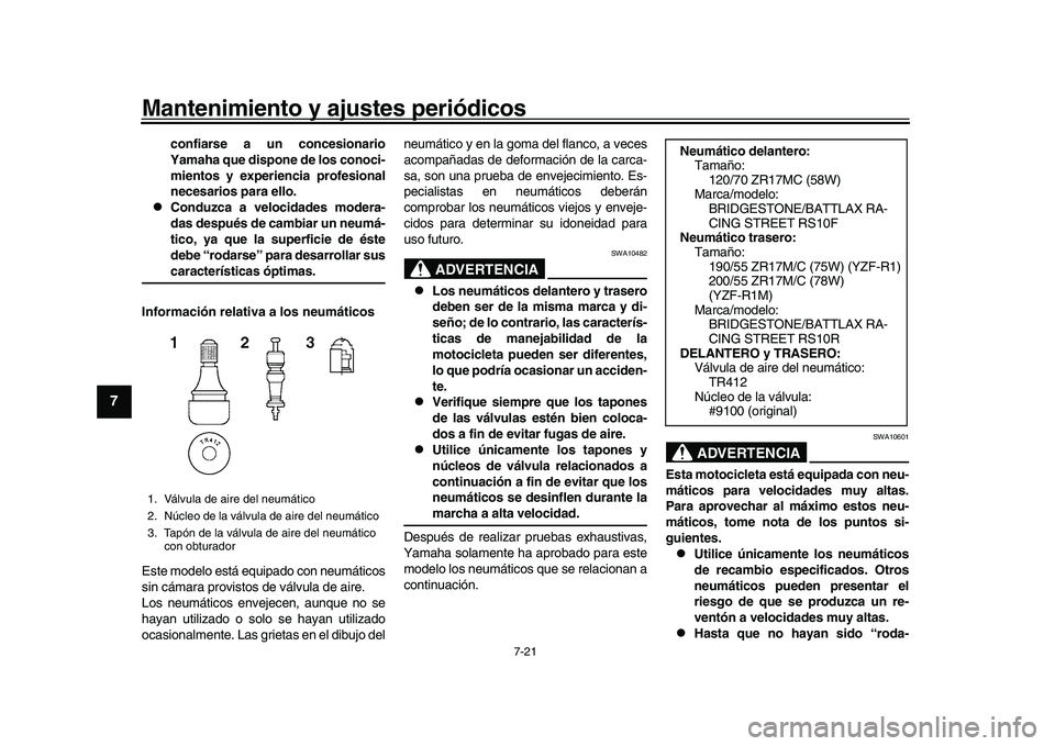 YAMAHA YZF-R1 2017 Manuale de Empleo (in Spanish) Mantenimiento y ajustes periódicos
7-21
1
2
3
4
5
67
8
9
10
11
12
confiarse a un concesionario
Yamaha que dispone de los conoci-
mientos y experiencia profesional
necesarios para ello.
Conduzca a YAMAHA YZF-R1 2017 Manuale de Empleo (in Spanish) Mantenimiento y ajustes periódicos
7-21
1
2
3
4
5
67
8
9
10
11
12
confiarse a un concesionario
Yamaha que dispone de los conoci-
mientos y experiencia profesional
necesarios para ello.
Conduzca a
