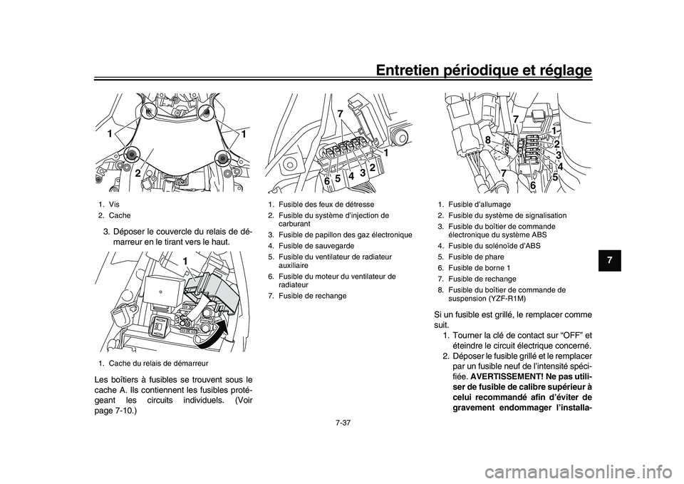 YAMAHA YZF-R1M 2017 Notices Demploi (in French) Entretien périodique et réglage
7-37
1
2
3
4
5
678
9
10
11
12
3. Déposer le couvercle du relais de dé- marreur en le tirant vers le haut.
Les boîtiers à fusibles se trouvent sous le
cache A. Ils YAMAHA YZF-R1M 2017 Notices Demploi (in French) Entretien périodique et réglage
7-37
1
2
3
4
5
678
9
10
11
12
3. Déposer le couvercle du relais de dé- marreur en le tirant vers le haut.
Les boîtiers à fusibles se trouvent sous le
cache A. Ils