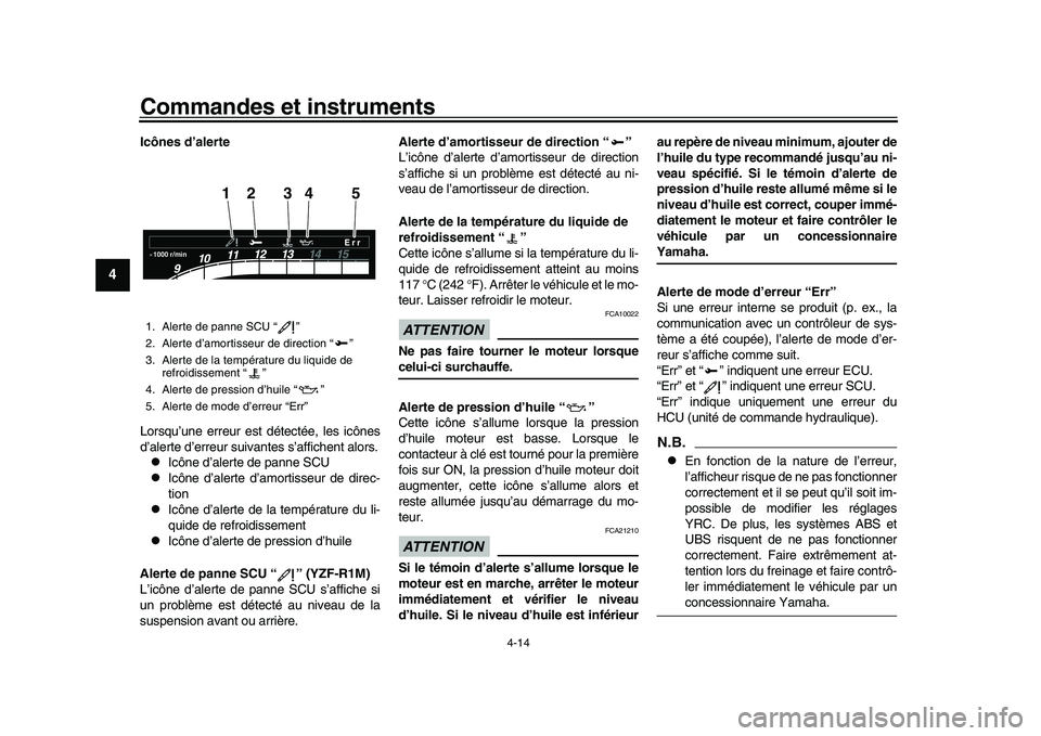 YAMAHA YZF-R1 2017 Notices Demploi (in French) Commandes et instruments
4-14
1
2
34
5
6
7
8
9
10
11
12
Icônes d’alerte
Lorsqu’une erreur est détectée, les icônes
d’alerte d’erreur suivantes s’affichent alors.
Icône d’alerte de YAMAHA YZF-R1 2017 Notices Demploi (in French) Commandes et instruments
4-14
1
2
34
5
6
7
8
9
10
11
12
Icônes d’alerte
Lorsqu’une erreur est détectée, les icônes
d’alerte d’erreur suivantes s’affichent alors.
Icône d’alerte de