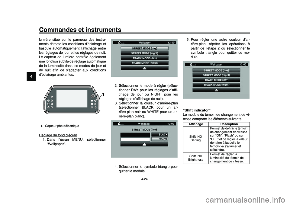 YAMAHA YZF-R1 2017 Notices Demploi (in French) Commandes et instruments
4-24
1
2
34
5
6
7
8
9
10
11
12
lumière situé sur le panneau des instru-
ments détecte les conditions d’éclairage et
bascule automatiquement l’affichage entre
les rég YAMAHA YZF-R1 2017 Notices Demploi (in French) Commandes et instruments
4-24
1
2
34
5
6
7
8
9
10
11
12
lumière situé sur le panneau des instru-
ments détecte les conditions d’éclairage et
bascule automatiquement l’affichage entre
les rég