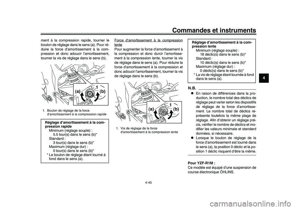 YAMAHA YZF-R1 2017 Notices Demploi (in French) Commandes et instruments
4-45
1
2
345
6
7
8
9
10
11
12
ment à la compression rapide, tourner le
boulon de réglage dans le sens (a). Pour ré-
duire la force d’amortissement à la com-
pression et YAMAHA YZF-R1 2017 Notices Demploi (in French) Commandes et instruments
4-45
1
2
345
6
7
8
9
10
11
12
ment à la compression rapide, tourner le
boulon de réglage dans le sens (a). Pour ré-
duire la force d’amortissement à la com-
pression et