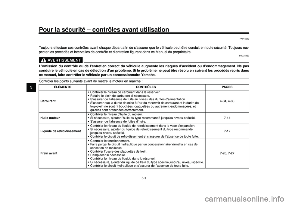 YAMAHA YZF-R1 2017 Notices Demploi (in French) 5-1
1
2
3
45
6
7
8
9
10
11
12
Pour la sécurité – contrôles avant utilisation
FAU15599
Toujours effectuer ces contrôles avant chaque départ afin de s’assu rer que le véhicule peut être condu YAMAHA YZF-R1 2017 Notices Demploi (in French) 5-1
1
2
3
45
6
7
8
9
10
11
12
Pour la sécurité – contrôles avant utilisation
FAU15599
Toujours effectuer ces contrôles avant chaque départ afin de s’assu rer que le véhicule peut être condu