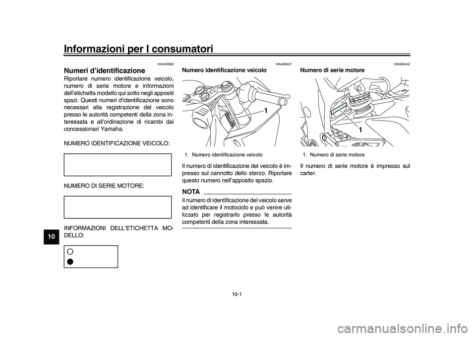 YAMAHA YZF-R1M 2017 Manuale duso (in Italian) 10-1
1
2
3
4
5
6
7
8
910
11
12
Informazioni per I consumatori
HAU53562
Numeri d’identificazioneRiportare numero identificazione veicolo,
numero di serie motore e informazioni
dell’etichetta modell YAMAHA YZF-R1M 2017 Manuale duso (in Italian) 10-1
1
2
3
4
5
6
7
8
910
11
12
Informazioni per I consumatori
HAU53562
Numeri d’identificazioneRiportare numero identificazione veicolo,
numero di serie motore e informazioni
dell’etichetta modell
