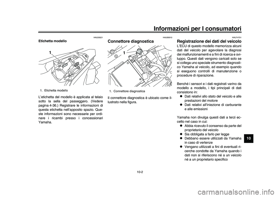 YAMAHA YZF-R1 2017 Manuale duso (in Italian) Informazioni per I consumatori
10-2
1
2
3
4
5
6
7
8
91011
12
HAU26521
Etichetta modello
L’etichetta del modello è applicata al telaio
sotto la sella del passeggero. (Vedere
pagina 4-36.) Registrare YAMAHA YZF-R1 2017 Manuale duso (in Italian) Informazioni per I consumatori
10-2
1
2
3
4
5
6
7
8
91011
12
HAU26521
Etichetta modello
L’etichetta del modello è applicata al telaio
sotto la sella del passeggero. (Vedere
pagina 4-36.) Registrare