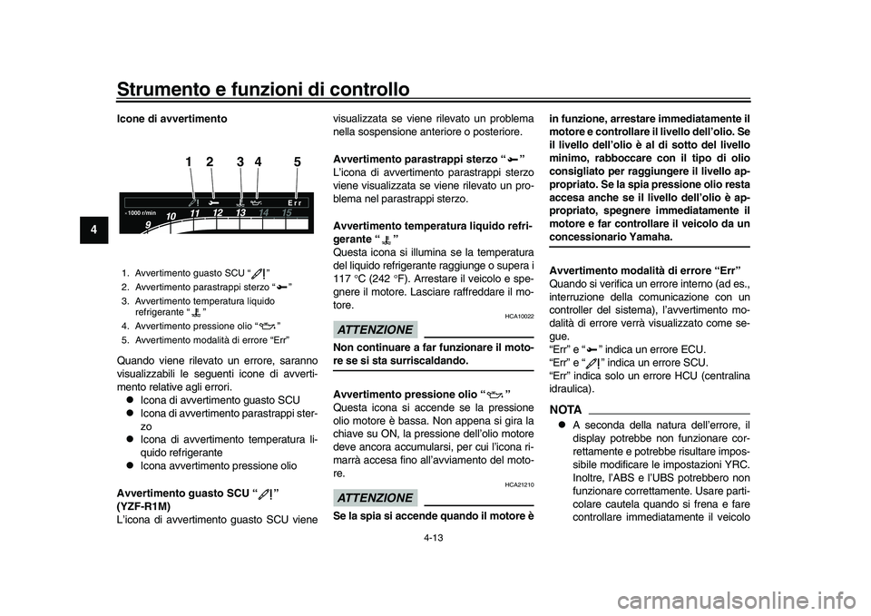 YAMAHA YZF-R1M 2017 Manuale duso (in Italian) Strumento e funzioni di controllo
4-13
1
2
34
5
6
7
8
9
10
11
12
Icone di avvertimento
Quando viene rilevato un errore, saranno
visualizzabili le seguenti icone di avverti-
mento relative agli errori. YAMAHA YZF-R1M 2017 Manuale duso (in Italian) Strumento e funzioni di controllo
4-13
1
2
34
5
6
7
8
9
10
11
12
Icone di avvertimento
Quando viene rilevato un errore, saranno
visualizzabili le seguenti icone di avverti-
mento relative agli errori.