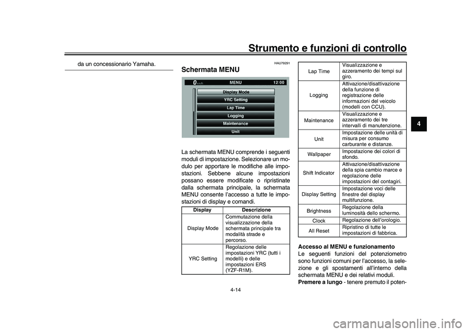 YAMAHA YZF-R1M 2017  Manuale duso (in Italian) Strumento e funzioni di controllo
4-14
1
2
345
6
7
8
9
10
11
12
da un concessionario Yamaha.
HAU79291
Schermata MENU La schermata MENU comprende i seguenti
moduli di impostazione. Selezionare un mo-
d