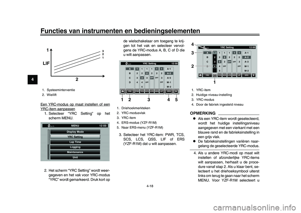 YAMAHA YZF-R1 2017 Instructieboekje (in Dutch) Functies van instrumenten en bedieningselementen
4-18
1
2
34
5
6
7
8
9
10
11
12
Een YRC-modus op maat instellen of eenYRC-item aanpassen1. Selecteer “YRC Setting” op het scherm MENU.
2. Het scherm YAMAHA YZF-R1 2017 Instructieboekje (in Dutch) Functies van instrumenten en bedieningselementen
4-18
1
2
34
5
6
7
8
9
10
11
12
Een YRC-modus op maat instellen of eenYRC-item aanpassen1. Selecteer “YRC Setting” op het scherm MENU.
2. Het scherm